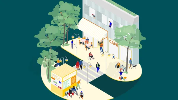 Isometrische Illustration eines belebten Stadtviertels mit Café, Kiosk, Bäumen und Menschen im öffentlichen Raum.